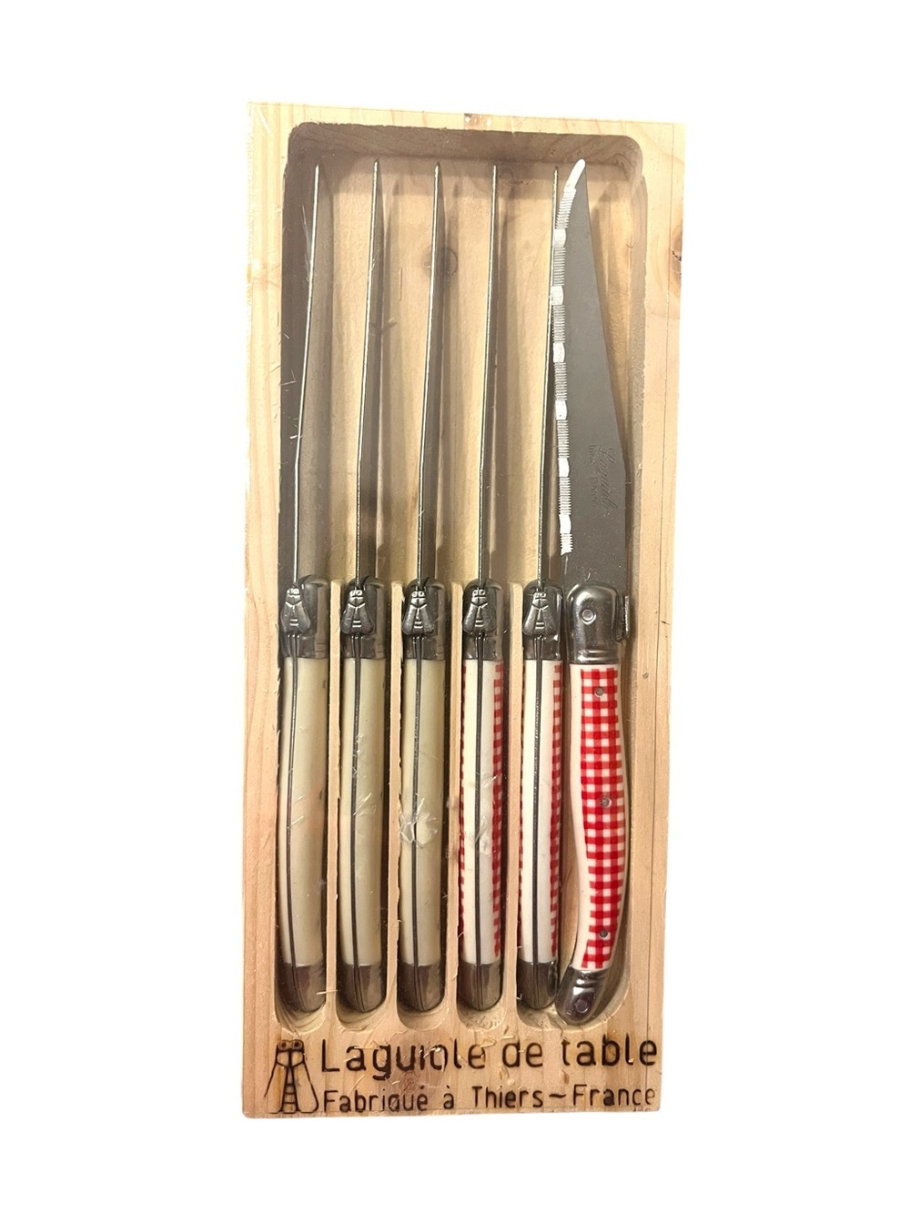 New Laguiole de Table Steak Knife Set - Red Gingham & Cream Handles Set of 6